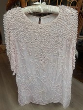 Vintage 80s Dripping Pink Pearl  Sequin Beaded Custom Jeweled Silk Chiffon Top