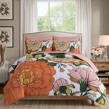 Floral Comforter Set, Pink Orange Bedding Set Queen Size 7 Piece Boho Chic Fl...
