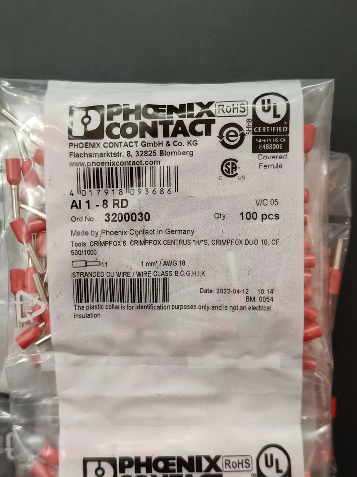 100 pcs Phoenix Contact 3200030 Wire End Ferrules AI 1-8 RD RED - Image 3 of 4
