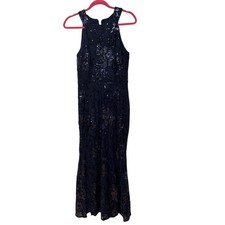XSCAPE Navy Blue Sequin Floral Halter Gown Maxi Dress 6P Formal Evening Gala