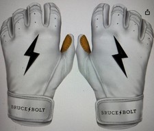 Bruce Bolt Men's Long Cuff Gold Palm Batting Gloves White - AUTHENTIC  