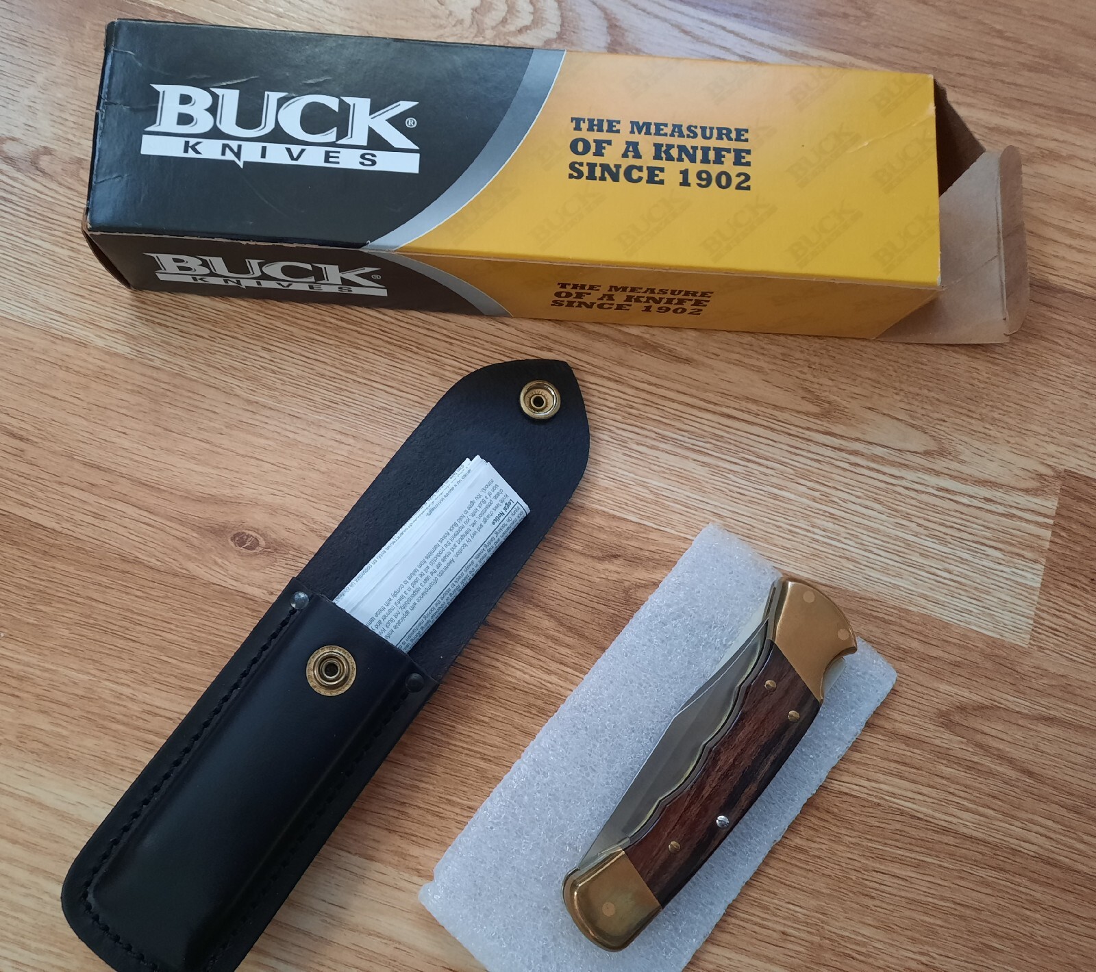 New 2006 110 Buck USA Knife Wood Handles Finger Grooves w/ Leather Sheath eBay