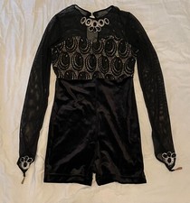 Adult Small Black and Gold Dance Outfit with Sheer Sleeves and Jewel Details