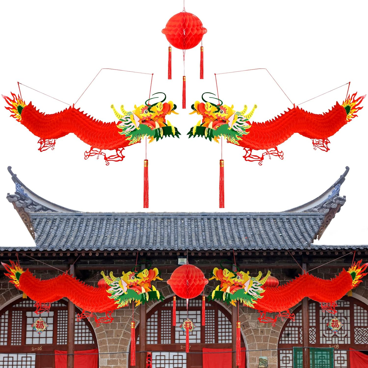 Set of 3 Chinese New Year Dragon Decoration, 2 Pcs 3D Dragon Garland 1 Pcs Red H