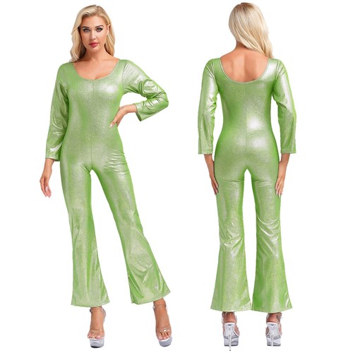 Women Unitard Retro Disco Costume Long Sleeve Dance Jumpsuit Flared Pants 70s - 第 64/99 張圖片