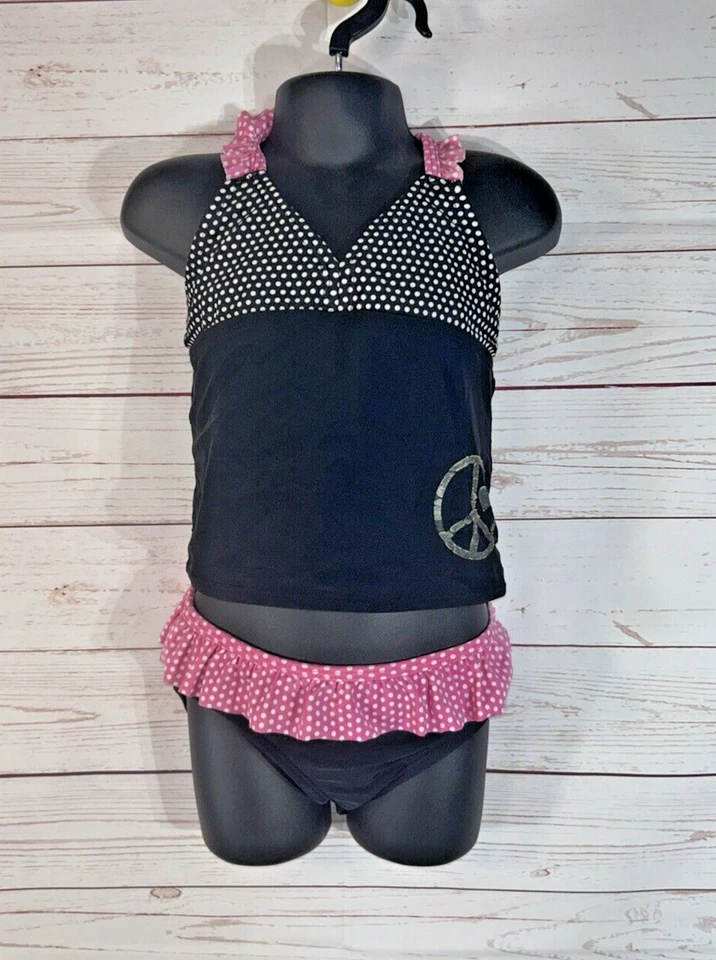 Traje de baño Tankini JOE BOXER 2 PIEZAS para niñas talla 6x negro con lunares rosados blancos Foto 2 de 4
