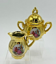 Children's Gold Ceramic Baroque Cream  Covered Sugar, Vintage Toy Circa 1956