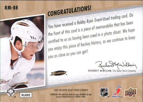 Bobby Ryan 2007-08 Upper Deck Series Two Hockey Rookie Materials #RM-BR - Picture 2 of 2