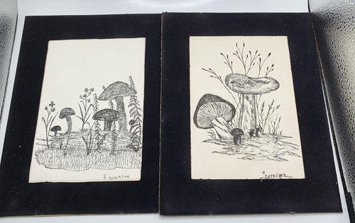 Signed Mushroom Drawings Pen Ink Art Original H. Apperson Set of 2 | eBay