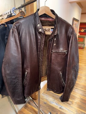 Schott N.Y.C. Men s Brown Leather Lined Biker Jacket Zip Stand-Up Collar 44