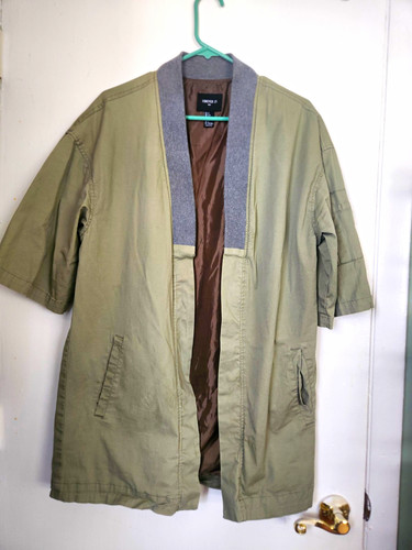 Forever 21 Men’s Green Long Overcoat Shawl Collar Open Front Pockets Size S