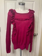 Moth Anthropologie Raspberry Red Wool Ruffle Square Neck Sweater, Size M