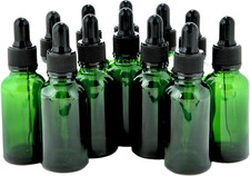 , 12, Green, 1 Oz Glass Bottles, with Glass Eye Droppers