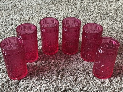 Jax Highball Glasses 14 oz Set of 6 Pink Crystal Tumblers Embossed - Beautiful