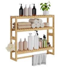Bathroom Shelf Storage Organizer 3-Tier Adjustable Layer Bamboo with Bar Hanging