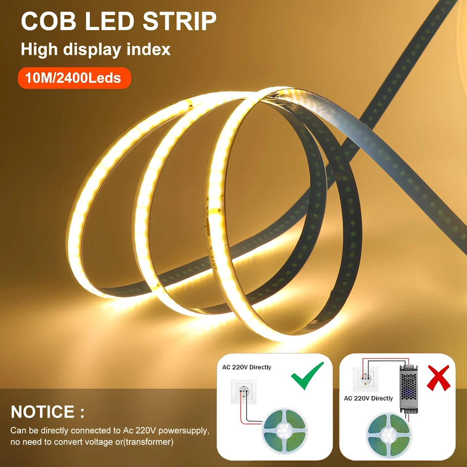 Striscia LED 220V COB Alta Luminosità 2835 Decorazioni Luce Bianca Adesiva - Immagine 2 di 4