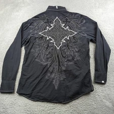 Roar Shirt Mens L Black Tribal Cross Wings Y2K Cyber Embroidered Western Loud