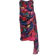Lulu's Black Floral Strapless Bodycon Dress Midi Ruched Colorful Multicolor