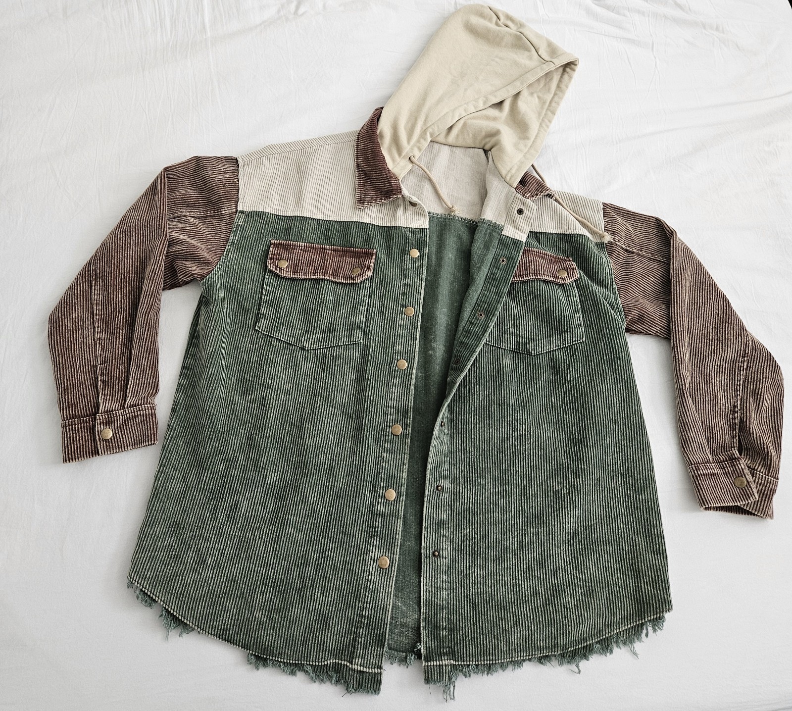 Patchwork Corduroy Hooded Jacket Shacket Green Br… - image 3