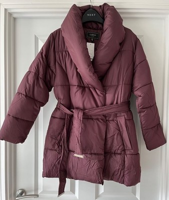 Lipsy Petite Berry Red Burgundy Padded Puffer Belted Coat Size