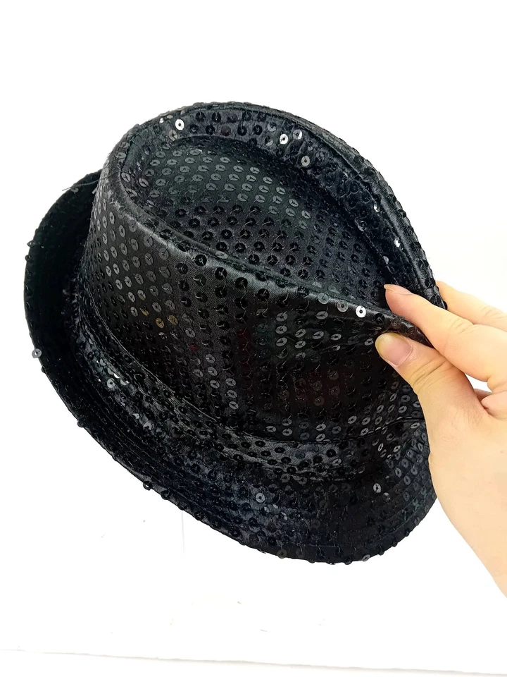 Cappello con paillettes Nero Glitter Brillante Unisex da Dance discoteca Festa - Immagine 2 di 4