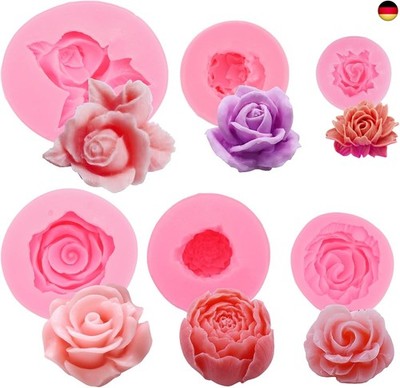 6 Stück 3D-Silikon-Blumenform - Weiche Rose und Pfingstrose für Fondant, Kerzen