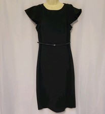 Calvin Klein Wmn's Black Flutter Sleeve Belted Sheath Dress Exposed Zipper Sz 10