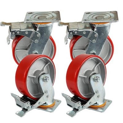 4 Pack 6 Inch Swivel Plate Total Lock Brake Heavy Duty Red Caster Wheels