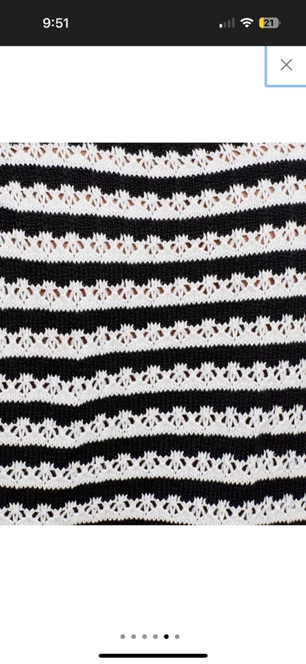 Aqua Pointelle Short Sleeve Button Up Sweater Top Black White Stripes Size S - Image 3 of 4