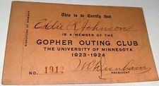 Rare Antique Gopher Outing Club Membership Card! University of Minnesota! 1923!