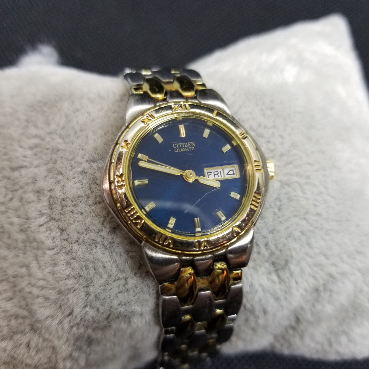 Citizen Blue Dial Two Tone Roman Bezel Art Deco Ladies Watch 