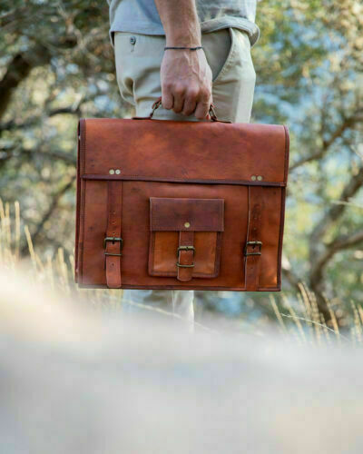 Shoulder Laptop Briefcase Bag Goat Leather Portable Vintage Brown Messenger