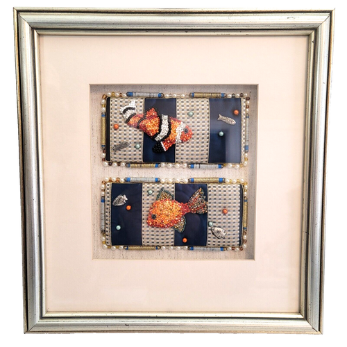 Embroidery w Beads Original Art 'French Knotted Fish' by S. Stone 13"x14"