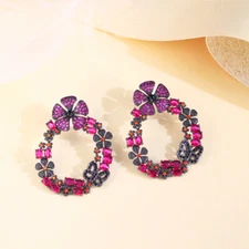 Pretty Christmas Flower Wreath Drop Earrings Black Gold Plated CZ Zircon Jewelry