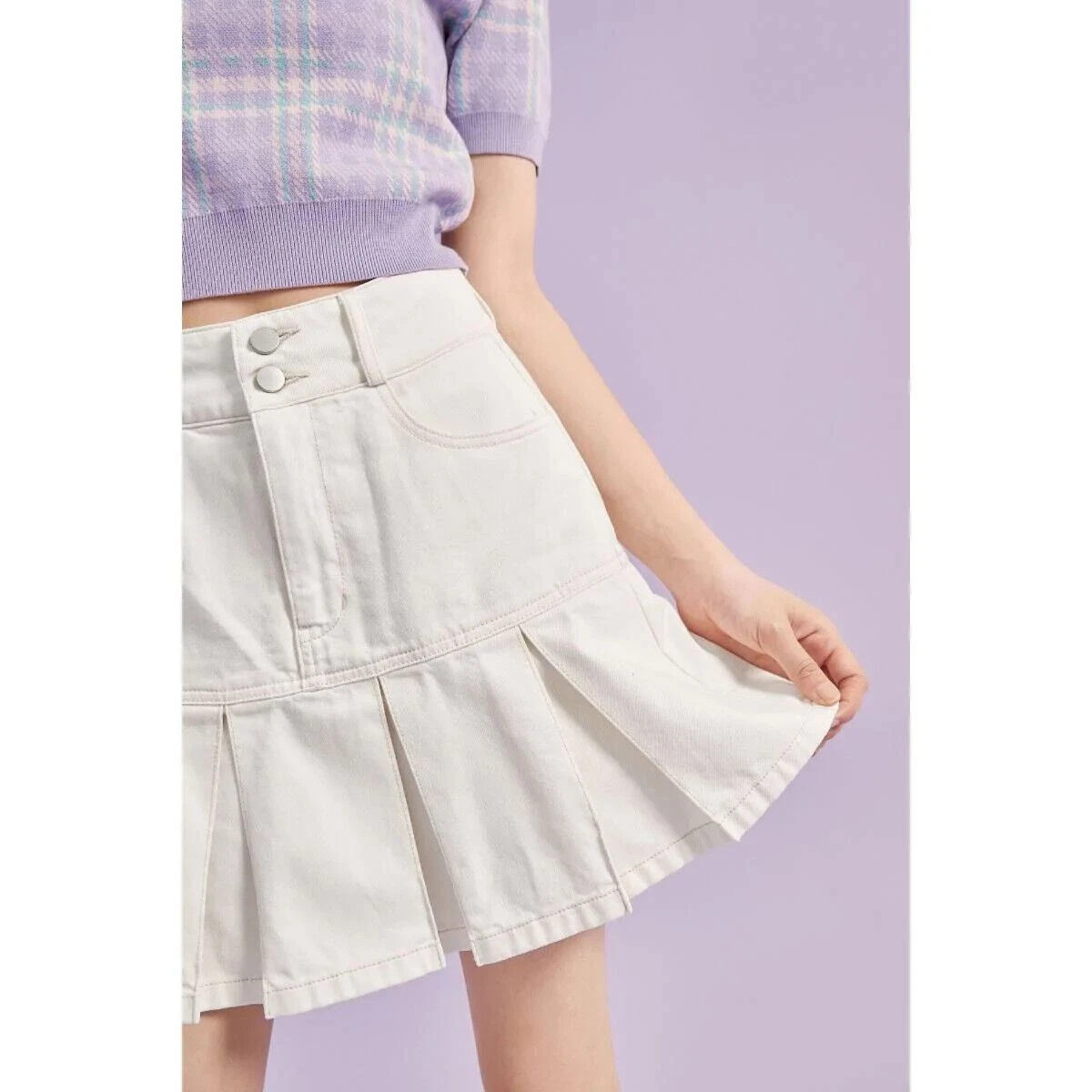 Liden Plain High Waist A Line Pleated Denim Skirt White Size Medium