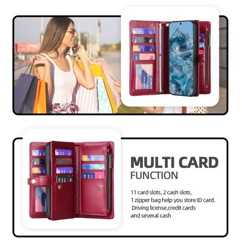 For Google Pixel 9 Pro XL 8 8A 7A 6A Zipper Leather Case Removable Wallet Cover - Picture 2 of 31