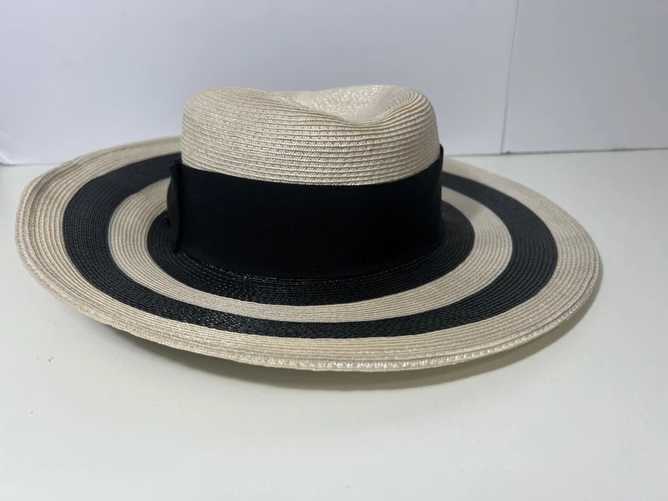 Vintage 1980s Hat by Ernie Beige Black Bow White Wide Brim Pretty Woman - Image 4 of 4