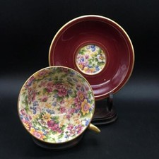 ROYAL WINTON PINK BLUE YELLOW CHINTZ “CHEADLE” MAROON TEA CUP & SAUCER SET CS339
