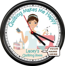 Personalized Quilting Makes Me Happy Sewing Quilting Room Art Sign Wall Clock