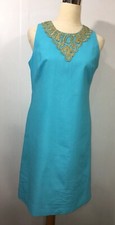 eliza j Caribbean Blue Turquoise Lined Gold Deco Linen Rayon Resort Dress Sz.4-s