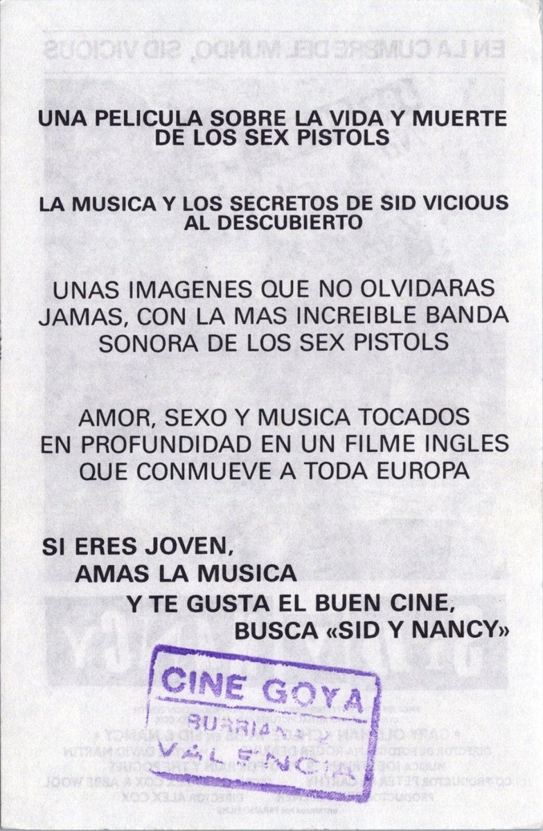 1986 SID AND NANCY Movie Spain Theater Promo Sheet 6