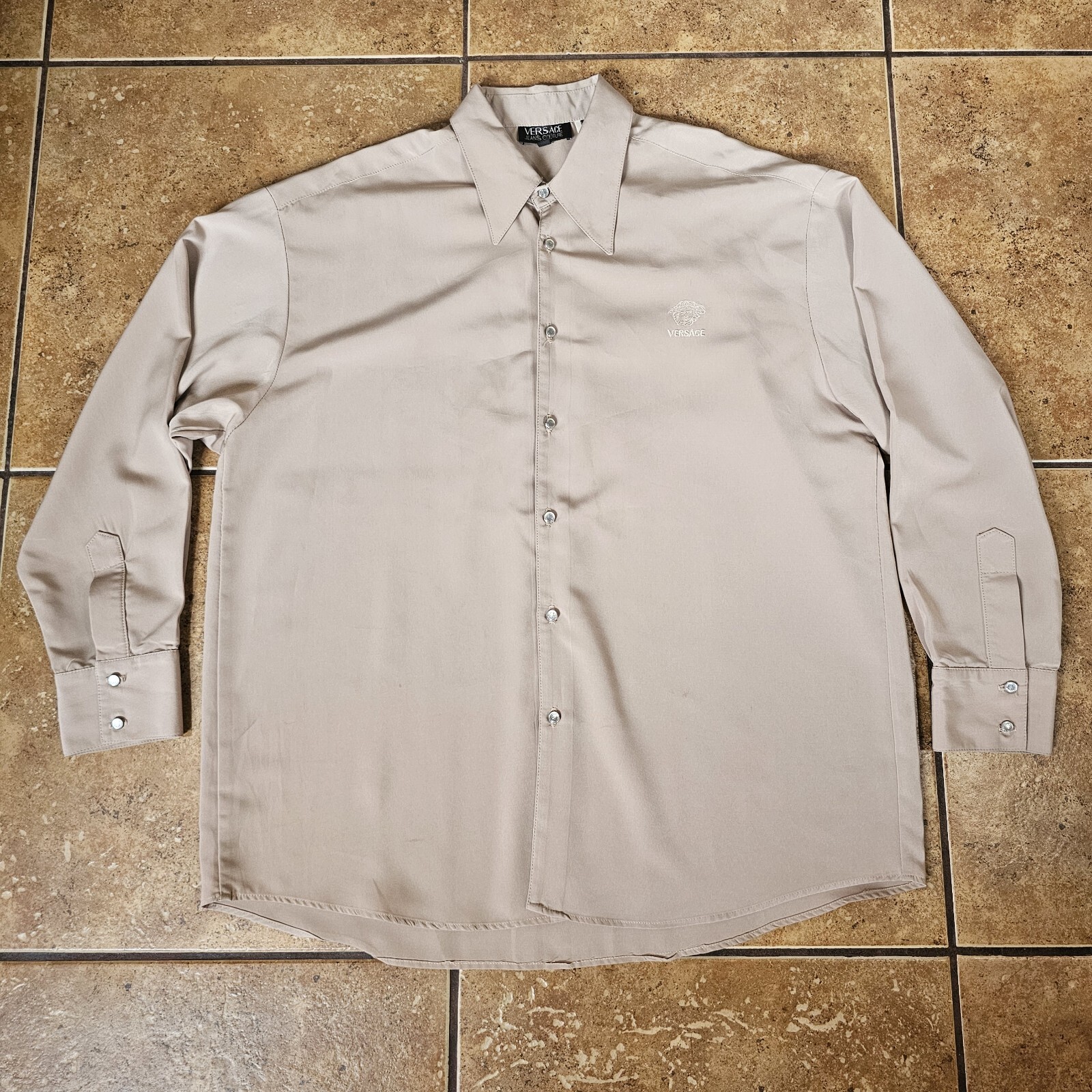 Vintage Versace Button Up Shirt Cotton Beige Collared Jeans Couture Long Sleeve