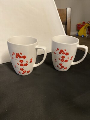 Set of 2 Corelle Hanami Garden Coffee Mugs Cups Red Flower Porcelain  Square