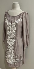 BOHO Embroidered Dress; Beige/Bell Sleeves/Off the Shoulders Size L