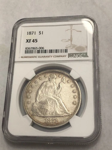 1871 SEATED LIBERTY silver U.S dollar. Nice XF- AU. NGC XF45. #l2d006
