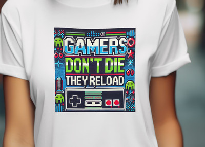 ''Gamers Don t Die, They Reload'' T-Shirt | Retro 8-Bit Gaming Tee for Video Game