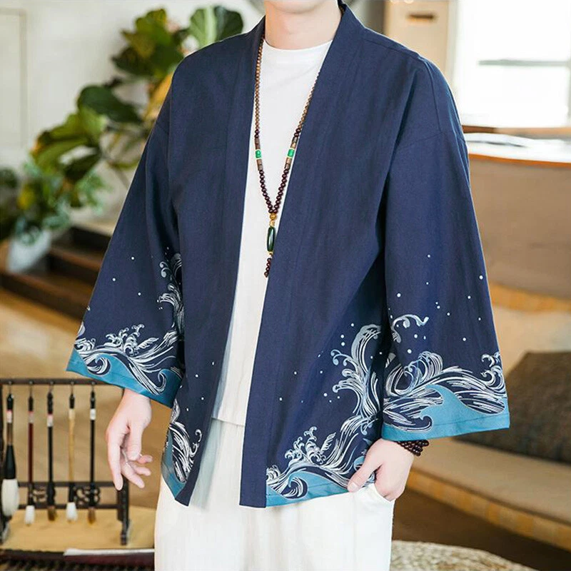 Men Cotton Linen Yukata Kimono Shirt Cardigan Haori Top Baggy Sleeved Retro  Chic