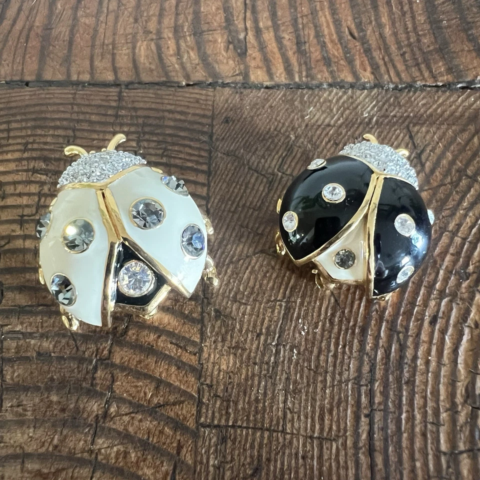 Set of TWO Joan Rivers Ladybug Pins Black Cream Gold Enamel Rhinestone Brooches - Image 4 of 4