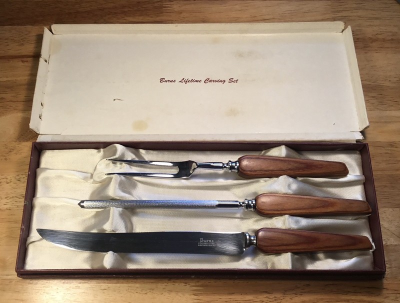 Vintage BURNS Stainless Steel 3 PC Carving Set ~Beautiful Handles ~w/Box