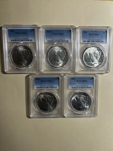 LOT OF (5) 1922 &23 PCGS MS63 SILVER PEACE DOLLARS 90% SILVER 🔥🔥📈📈